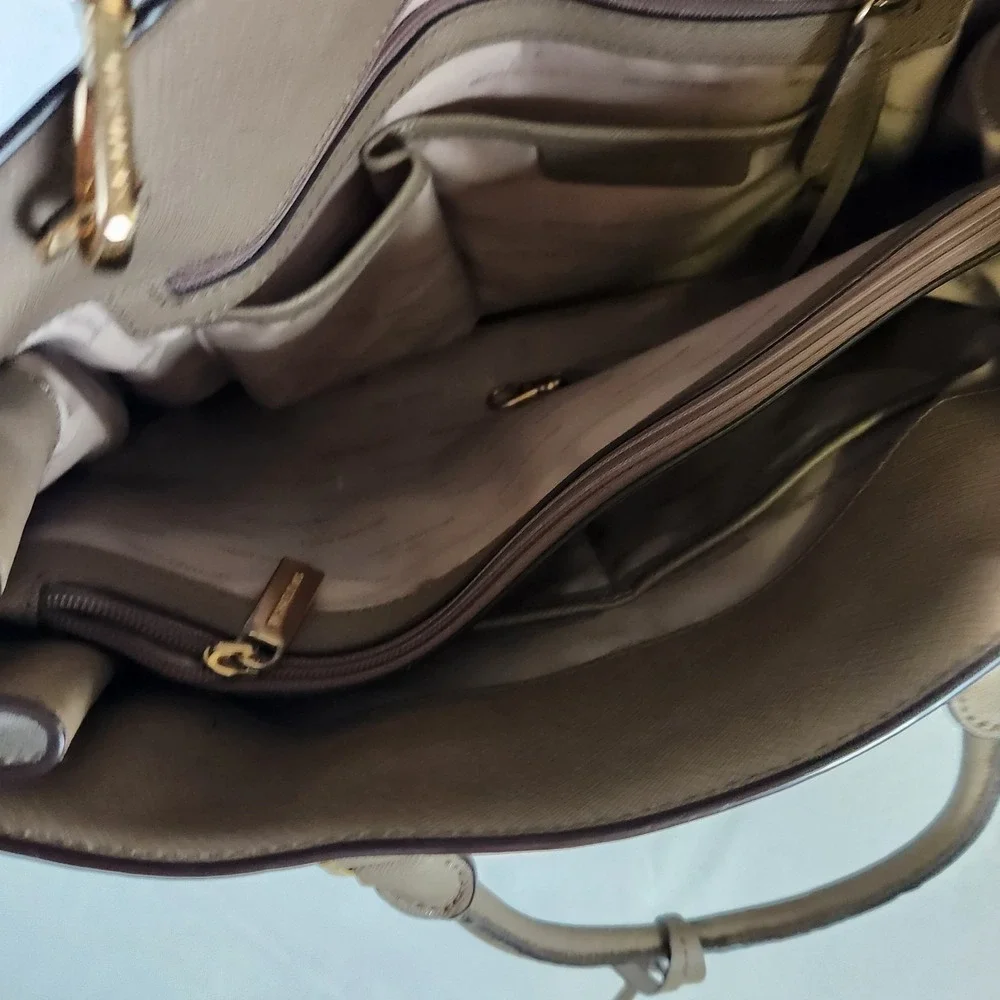Michael Kors Saffiano Leather Tote Satchel‎ Taupe Chain Strap Large Shoulder Bag